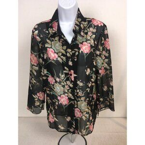 Notation Top Women Size L Black w Pink Blue Flowers Button Down Sheer Blouse